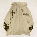 Dermearne European and American Autumn/Winter Hoodie Embroidered Cross Flame Coat Plush Couple Loose Top Sweater