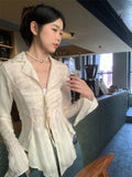 Shirts Women Retro Slim Turn-down Collar Autumn Sheer Tops Sun-proof Harajuku Hotsweet Cropped Japanese Style Y2k