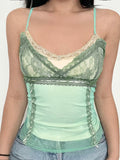 Green Lace Patchwork Two Layers Mesh Y2K Camisole Sleeveless Slim Sexy Cute Crop Top Women Summer Vacation Tanks Camis