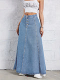 Design sense single-breasted denim skirt women's high-waisted slimming A-line umbrella skirt retro western style long skirt