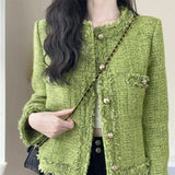 New Autumn Winter Korean Single-Breasted Short Tweed Coat Women Long Sleeve Vintage Green Casual Jackets Female Outerwear
