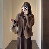 2024 Women Solid Color Stand Collar Mink Fur Top Female Long Sleeves Fox Fur Jacket Spring Autumn Lady Short Leather Fur Outwear