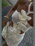 Dermearne 3d Flower Crochet Hook Halter Short Dress Women Sexy Knitted Off Shoulder Backless White Dresses Summer Female Beach Vestidos