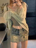 Dermearne Vintage Denim Mini Skirt Women Trashy Y2k 2000s Low Waist Sexy Star Rivet Distressed Slim Pencil Skirt Gyaru Streetwear