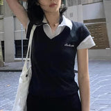 Korean Style Contrast Patchwork Top Women's Summer Preppy Style Slim-fitting Turn-down Short Sleeve T-shirts Streetwear
