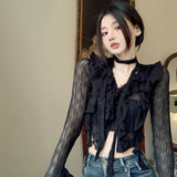 Women Lace Blouses  Y2k Crop Top Sexy Gothic GrungeFemale Shirts Elegant Black Transparent Cardigan Korean Streetwear