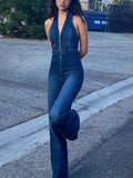 Denim Jumpsuit V Neck Zipper Bell Sleeveless Sexy Outifts Elegant Backpacker  Party Summer
