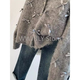 2024 Autumn Winter Women Temperament High Soft Mohair Knitted Cardigan Fragrant Coat Casual Tops Korean Grey Bow Sweater
