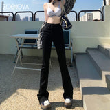 New Summer Y2k High Waist Elastic Self Cultivation Drape Mopping Cross Design Micro Flared Jeans Women's Clothes