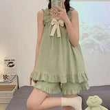Dermearne 1 Pajama Sets Women Sleeveless Bow Summer Cool Sweet Sleepwear Princess Soft Comfortable Loungewear Tender Girlish Cozy Homewear