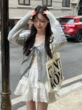 Korean Fashion Grey Cardigans Women Sweet Gil Bow Bandage Coquette Knitted Sweater Mujer Casual Long Sleeve Tops Autumn