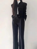 Women Fashion Elegant Casual Business Black Trousers Suit Vintage Crop Blazer Jackets and Pants Two Pieces Set Female Pantsuits