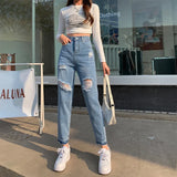 Trendy High-waist Ripped Jeans For Women Slimming Loose-fit Versatile Denim Pants
