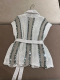 Hollow bead striped cotton linen knitted jacket with waistband tie up