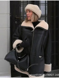 Fashion Thicken Leather Fur Women's Coat Winter Long Sleeve Velvet Lapels Coats Female Street Black Engine Lady Bike Jacket