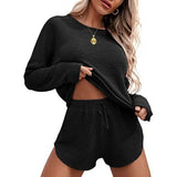 Women's Solid Pajamas Set Long Sleeve Round Neck Top And Shorts Sleepwear 2 Piece Set For Women Casual Homewear Sport Suit