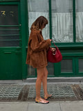 Dermearne Brown Single Breasted Faux Leather Short Coat Women Loose Long Sleeves Lapel Jacket 2024 Autumn Female High Street Outwear