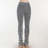 Black and White Striped Knitted Stacked Pants Women Bottoms Streetwear Extra Long High Waist Flare Pants