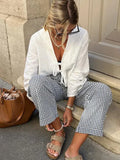 Dermearne Fashion Loose V-neck Lace Up Shirts Women 2024 Spring Summer Elegant Long Sleeve Blouse Female Solid Causal Beach Chic lady Tops