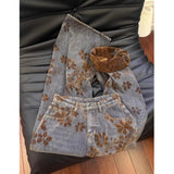 DERMEARNE Ladies Retro American Floral Embroidery Wide Leg Jeans Spring New Loose Slimming Straight Tube Pants Couples Style Floor-Length