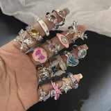 DERMEARNE Korea Colorful Stone Oil Drip Rhinestone Trendy Geometry Rings For Women Heart Star Girls Y2k Jewelry Gifts