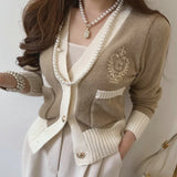 Retro V-neck Contrast Border Embroidered Wheat Long Sleeved Knitted Cardigan College Elegant Women Sweater Coats Autumn Casual