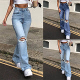Fashion Skinny Bell Bottom High Waist Gray Hole Denim Pants Lady Classic Y2K Punk Long Trousers Women Flare Stretch Ripped Jeans