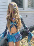 Puss Hollow 3 Piece Set Women Sexy Tie Dye Print Irregular Butterfly Camisole+Crop Tops+Skirts Streetwear Matching Outfits