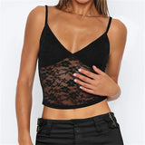 Women Y2K Sleeveless Spaghetti Strap Camis Top Sexy V Neck Camisole Lace Backless Crop Tops See Through Tank Vest Streetwear