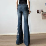 DERMEARNE Retro Y2k Jeans Baggy Floral Embroidery Jeans Women Vintage 2000s Low Rise Flared Denim Pants High Street Basic Trousers