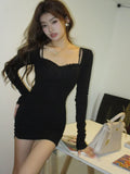 2024 Fashion Women's Black Square Neck Long Sleeve Mini Dress Autumn Gray Sexy Wrapped Hip Pleated Short Dress Streetwear