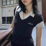Korean Style Contrast Patchwork Top Women's Summer Preppy Style Slim-fitting Turn-down Short Sleeve T-shirts Streetwear