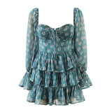 Fashion Women Vintage Floral Print Chiffon Dress Sexy Semi-Sheer Long Sleeve Layered Ruffle Ladies Short Dress