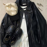 DERMEARNE American Retro Black Leather Coat Women New Spring Autumn High Fashion Lapel Motorcycle Women Tops Leather Jacket Coat