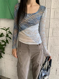 Y2k See Through Mesh T Shirts Women Lace Patchwork Plaid Crop Tops Female Harajuku Fashion Aesthetic Long Sleeve Tees
