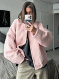 Woman Clothes Autumn Winter Stand Collar Pink Jacket Fashion Casual Single Breasted Warm Coats 2024 Streetwear Casual Fleece Top