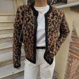 Fashion Lepard Knitted Sweater Cardigan For Women Loose Casual Long Sleeve Retro Single Breatted Sweater Autumn Outwear