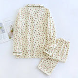 Dermearne Spring and Autumn Women's Pajama Set 100% Cotton Crepe Long sleeved Pants Two piece Cute and Sweet Home Fury Set Ladies