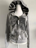 Women's Zip-up Hoodie Retro Hip hop Graffiti Print Hooded 2000s Clothes Sweatshirts Aesthetic Y2k Goth Streetwear Female Grunge