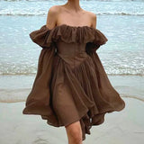 Elegant Chiffon Corset Dress Brown Flare Long Sleeve Mini Dresses Vacation Short Party Dress Ruffles Slash Neck Outfit
