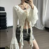 New Vintage Hollow Out Micro Through Long Sleeve Blouse Ruffle Slim-fit and Skinny-proof T-shirt Blusas De Chifon Elegantes