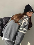 2Pcs Casual Knitted Wide Leg Pant Suit Women's Personality Letter Printing Versatile Loose Long Sleeved O-Neck Pullover Sweater
