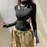 Y2k Bodysuits Sexy Hollow Out Punk Jumpsuit Gothic Grunge Irregular Patchwork Techwear Tops Skinny Long Sleeve Streetwear