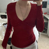 Dermearne Y2K Fairy 90s Vintage V Neck Crop Tops Women 00s Retro Cottage Grunge T-shirt Autumn Ribbed Knitted Long Sleeve Slim Fit Tees