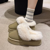 2024 New Leather Women Fashion Winter Indoor Solid Color Suede Fur Slippers Ladies Home Platform Warm Uggs Slip-on Women's Shoes