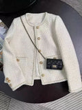 Dermearne Jmprs Chic White Tweed Jackets Women Korean Long Sleeve Sweet Coat Fashion O Neck Elegant Casual Female All Match Outwear Tops