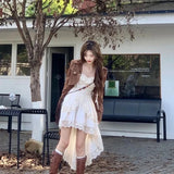 Y2K 2000S Irregular Midi Dress Women Fairy Lace Patchwork Strap One Pieces Dresses Summer Vacation Korean Bodycon Vestidos