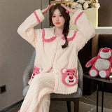 Large Size Winter Plush Pajamas Set Women's Sweet Cardigan Long Sleeve Trousers Loungewear Thicken Warm Fluffy Sleepwear
