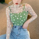 Women Daisy Print Lace Sheer Tops Sexy Tees Long Sleeve Thin Mesh Shirts Fashion Ladies Top Summer Sunscreen Blouse Blusas