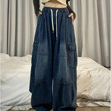 Harajuku Y2K Vintage Blue Cargo Jeans Women Elastic Waist Oversized Baggy Denim Pants Fall Drawstring Cotton Streetwear Trousers